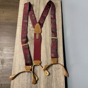 Trafalgar Silk Suspenders Red Paisley Pattern Brown Leather Button On Style
